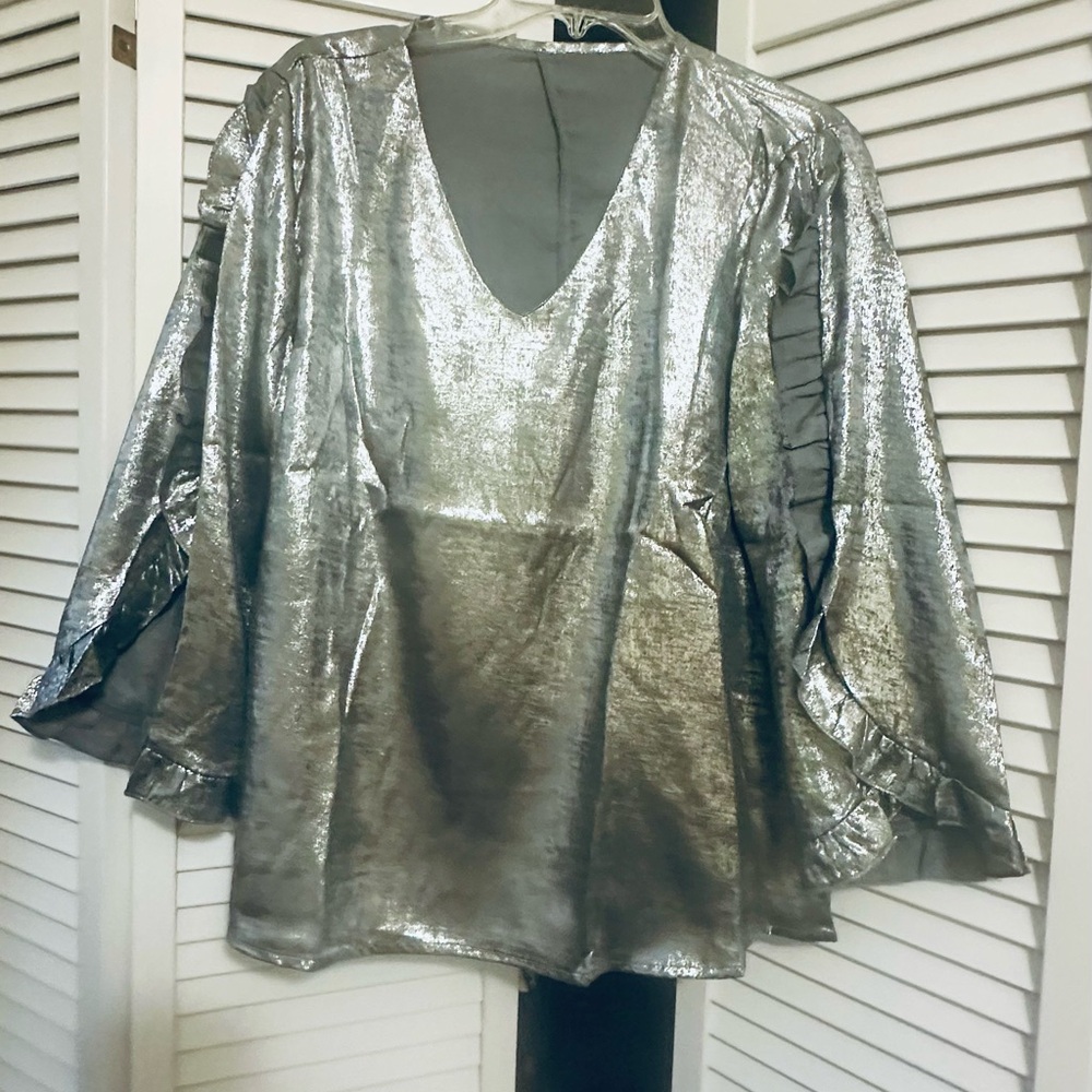 Silver Blouse with Flutter Sleeves and Graphic Design